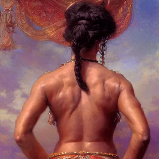 Prompt: muscular oiled sweat goddess laxmi from behind full body, highly detailed painting by gaston bussiere, craig mullins, j. c. leyendecker 8 k