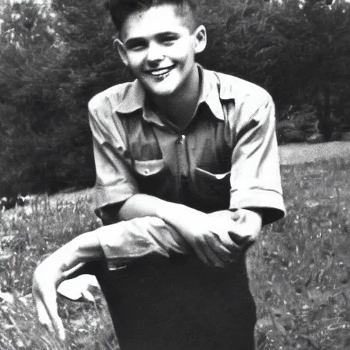 Image similar to a color photograph of a very handsome young man in the 1 9 5 0 s, he is at camp