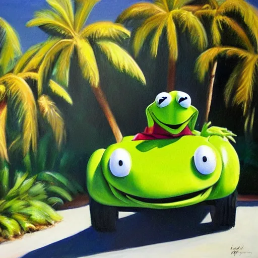 Prompt: kermit driving a car, palm trees, oil painting, detailed