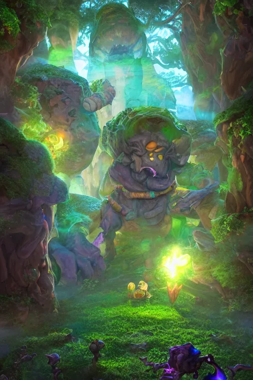 Image similar to arcane fantasy art giant golem elemental wood rock bastion forged gemstone enchanted forest troll, global illumination ray tracing hdr fanart arstation by sung choi and eric pfeiffer and gabriel garza and casper konefal lisa frank zbrush central hardmesh radiating a glowing aura