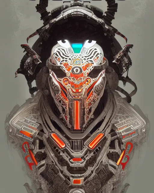 Prompt: portrait of a machine from horizon zero dawn, machine face, decorated with chinese opera motifs, asian, asian inspired, intricate, elegant, highly detailed, digital painting, artstation, concept art, smooth, sharp focus, illustration, art by artgerm and greg rutkowski and alphonse mucha, 8 k