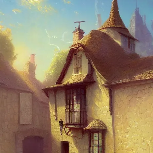 Prompt: greg rutkowski and thomas kinkade, salvador dali, huge bird and carriage house, magic village