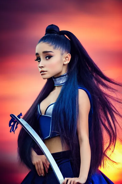 Image similar to highly detailed beautiful photo of blend of ariana grande and madison beer, as a young female samurai, practising sword stances, symmetrical face, beautiful eyes, cobalt blue hair, realistic anime art style, 8 k, award winning photo, pastels colours, action photography, 1 / 1 2 5 shutter speed, sunrise lighting