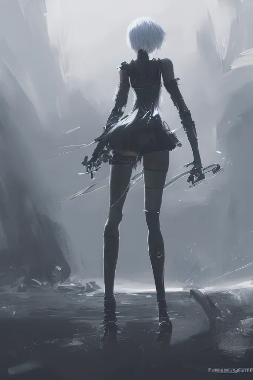 Prompt: an environmental concept art of nier automata, 2 b, highly detailed, environmental light, cinematic by francis tneh