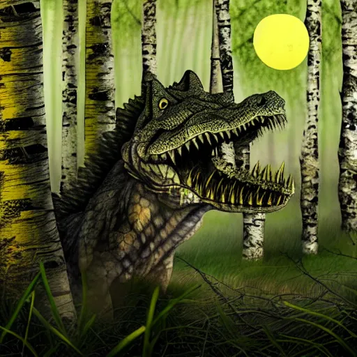 Image similar to Chimera with crocodile body and wolf head in a birch tree swamp howling at a yellowish full moon, photorealistic photoshop artwork