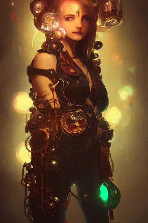 Prompt: portrait of a psychedelic steampunk girl with biotechnical parts and neon light by Artgerm and Greg Rutkowski , digital painting, highly detailed, trending on artstation
