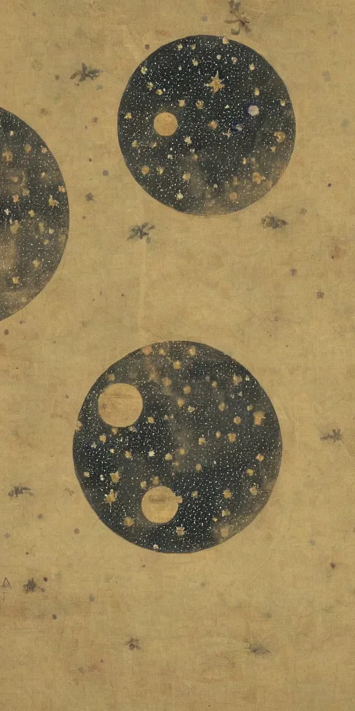 Prompt: oriental painting of the nebula, moon is high above the earth, detailed, refined, high quality, parchment, blackened space, lots of stars