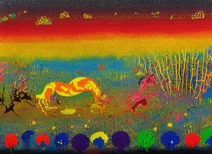 Prompt: pixel decollage painting golden armor alien zombie horseman riding on a crystal bone dragon broken rainbow diamond maggot horse in a blossoming meadow full of colorful mushrooms and golden foil toad blobs in a golden sunset, distant forest horizon, painted by Mark Rothko, Helen Frankenthaler, Danny Fox and Hilma af Klint, pixelated, neo expressionism, semi naive, rich deep colors, cinematic, color field painting, cave painting, voxel, pop art look, outsider art, minimalistic. Bill Traylor painting, part by Philip Guston and Francis Bacon. art by Adrian Ghenie, very coherent symmetrical artwork, cinematic, hyper realism, high detail, octane render, unreal engine, Vibrant colors, Smooth gradients, High contrast, depth of field. by Katsuhiro Otomo, full body character drawing, intricate detail, extremely detailed, 8k, extreme detail, intricate detail, masterpiece