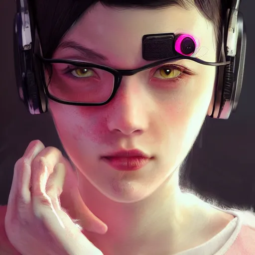 Image similar to a girl with pink and black hair wearing earmuffs and with bionic eyes, digital art, 8 k resolution, unreal engine, highly detailed, very detailed eyes, photorealistic by wlop, greg rutkowski