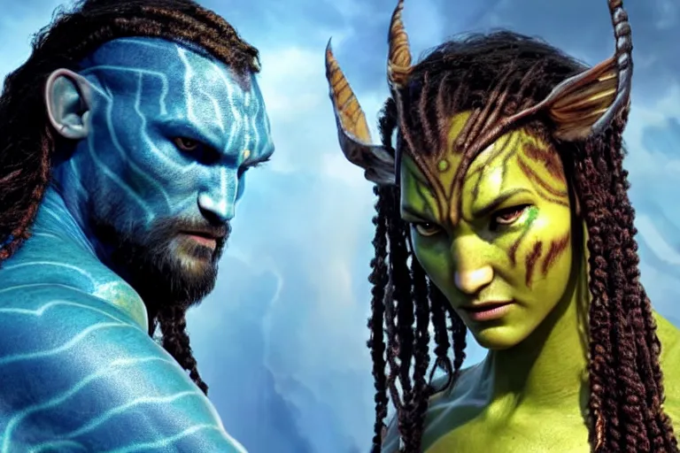 Prompt: An epic fantasy comic book style portrait painting of a very beautiful Nafi Thiam and Jason Momoa as Na'vi in Avatar (2009) character design by Mark Ryden and Pixar and Hayao Miyazaki, unreal 5, DAZ, hyperrealistic, octane render, cosplay, RPG portrait, dynamic lighting, intricate detail, summer vibrancy, cinematic