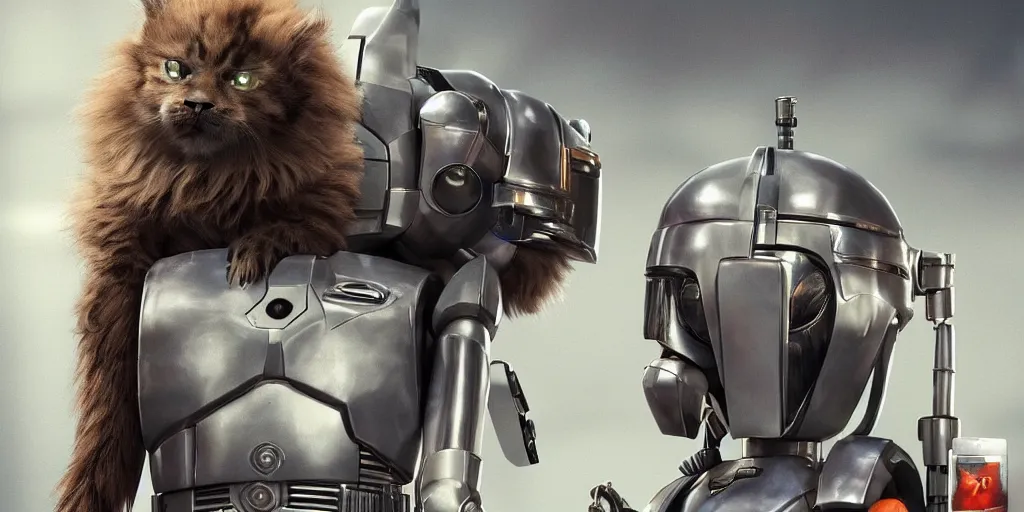Image similar to a 3 d rendered movie still a cute robot has the head of an adorable cyberpunk maine coon kitten. in the background is a cyberpunk cat tree. digital art. science fiction blockbuster movie from the future, imax 7 0 mm. style of mandalorian ( american space western television series )