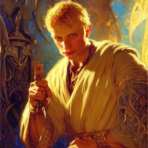 Image similar to handsome arthur pendragon in love with merlin the mage. highly detailed painting by gaston bussiere, craig mullins, j. c. leyendecker