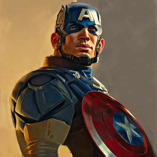 Image similar to greg manchess portrait painting of heavily armored captain america as overwatch character, totally whack, medium shot, asymmetrical, profile picture, organic painting, sunny day, matte painting, bold shapes, hard edges, street art, trending on artstation, by huang guangjian and gil elvgren and sachin teng