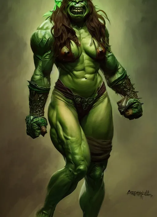 Image similar to portrait of aggressive female orc, d & d, muscular! green, fantasy, intricate, elegant, highly detailed, digital painting, artstation, concept art, smooth, sharp focus, illustration, art by artgerm and greg rutkowski and alphonse mucha