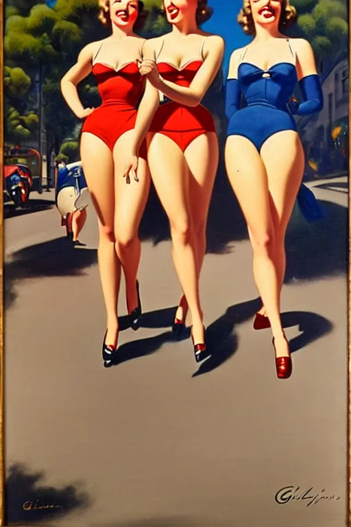 Image similar to 1940s group of pinup bikini girls walking down the street in 1940s Sydney in Australia, oil painting, by Gil Elvgren