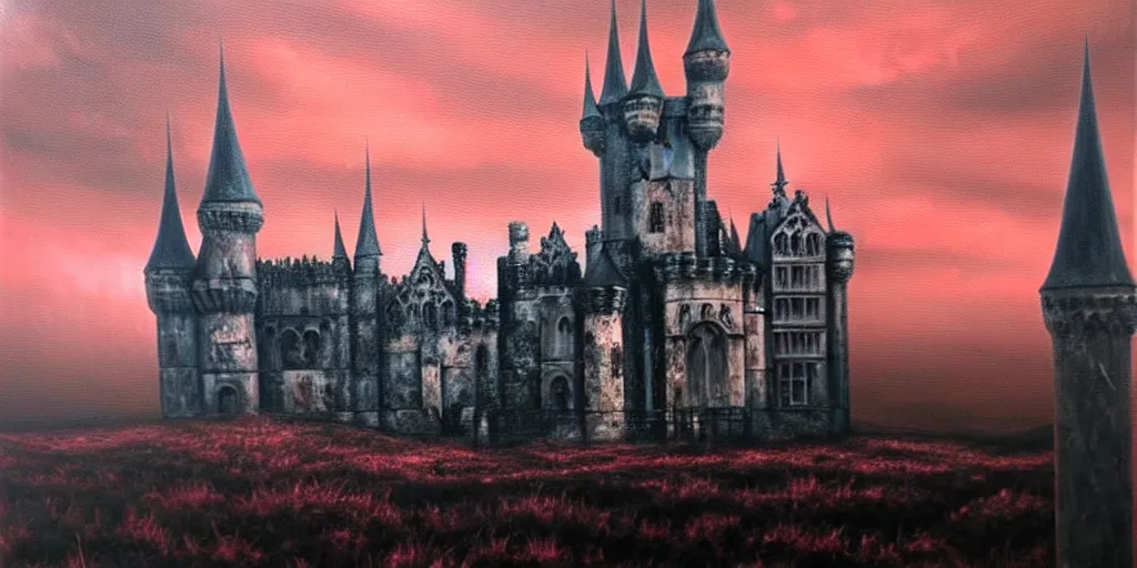 Image similar to a beautiful and gothic castle in the distance. Red sky. Dark ambient. Gothicpunk. Detailed oil on canvas. Art in style of Frances Ann Hopkins. High definition