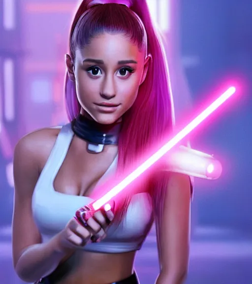 Image similar to A hyper realistic photo of Ariana Grande in the Star Wars universe with two pink lightsabers held in each hand, action pose. Maximum detail on artstation, photo realism, vivd details, vivd colour