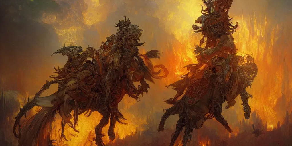 Prompt: a beautifull intricate painting of riders of the apocalypse, hell on fire in the background, reflexions, verry high details by william turner art, greg rutkowski and alphonse mucha, trending on artstation, very very detailed, masterpiece, vibrant colors