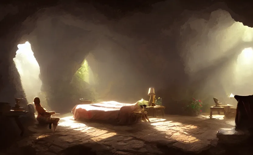 Image similar to painting of an interior of a cozy bedroom in a cave, small hot spring and lush garden outside, natural light, fantasy, natural light, concept art, by greg rutkowski and craig mullins, cozy atmospheric and cinematic lighting, trending on artstation