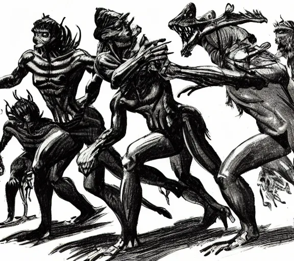 Image similar to four adventurers are chased through the woods, by a group of mantis men, pen and ink, by frank Frazetta