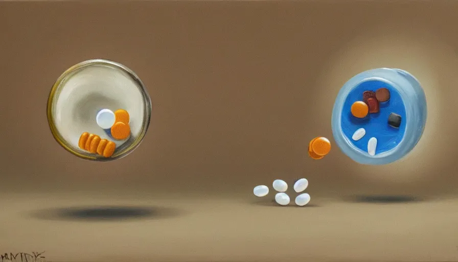 Prompt: an oil painting of an antibiotic pill running away from a pharmaceutical company representative, illustration