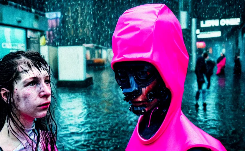 Image similar to cinestill 5 0 d candid photographic portrait by helen levitt of two cyborgs wearing rugged neon pink mesh techwear in treacherous waters, extreme closeup, modern cyberpunk moody depressing cinematic, pouring rain, 8 k, hd, high resolution, 3 5 mm, f / 3 2, ultra realistic faces, ex machina