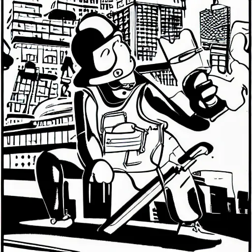 Prompt: a man carrying boltcutters. childrens coloring book, chris ware, nick drnaso, stylised graphic novel, black and white, coloring pages