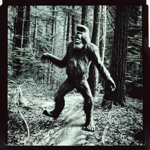 Prompt: 80s polaroid photo of the real bigfoot (not a man in a suit, oh no!) in the woods, candid flash photography