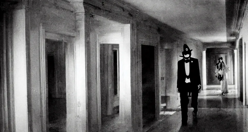 Image similar to Halloween color film, Scene where a beautiful woman in white is walking dark hallway in old mansion at midnight , view from front