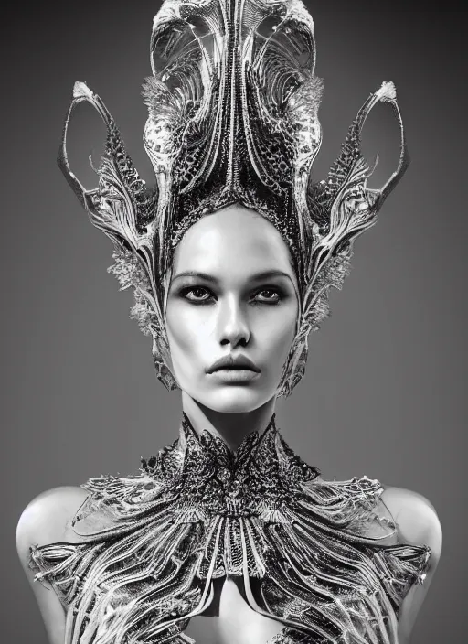 Prompt: portrait of beautiful female super model, perfect symmetrical pose, sharp, by irakli nadar with intricate detailed wearing silver victorian dress designed by alexander mcqueen and rocky gathercole, beautiful smooth skin tone, haunting, elite, elegant, ruan jia, dark, hyper detailed, concept art, intricate, detailed