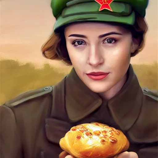 Image similar to high detail portrait oil painting illustration of beuatiful girl as soviet red army soldier eating hot baked bun, in khaki ww 2 tunic, no hat, by justin sweet with face and body clearly visible, in a scenic background, pupils visible, realistic proportions, artstation trending, high quality, sombre mood, artstation trending, muted colours, entire person visible!