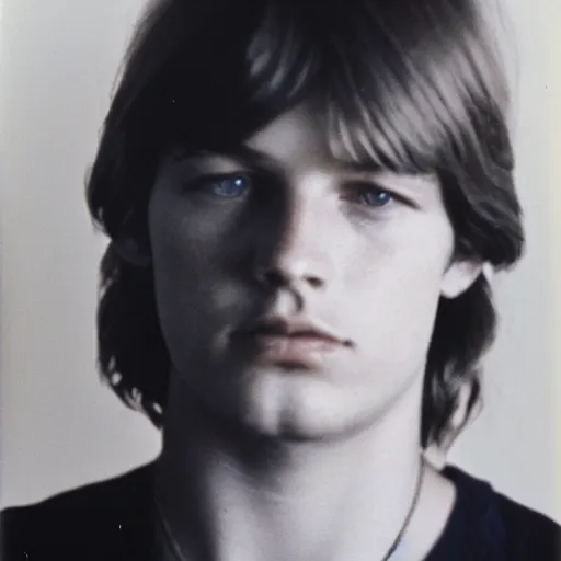Prompt: Mugshot Portrait of Young David Gilmour, taken in the 1970s, photo taken on a 1970s polaroid camera, grainy, real life, hyperrealistic, ultra realistic, realistic, highly detailed, epic, HD quality, 8k resolution, body and headshot, film still, front facing, front view, headshot and bodyshot, detailed face, very detailed face