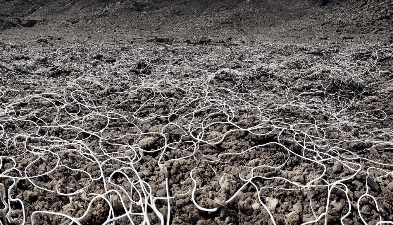 Image similar to Dry rivers scattered with hundreds of fish skeletons , decimated barren lands littered with emerging wires and cables that grow like plants , full colour , upscale , 4k