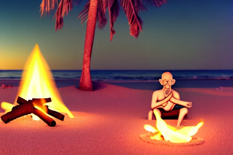 Prompt: gandhi with a big head and a small body, at the beach, sitting on the sand next to a campfire, with palm trees in the back, intricate detail, illustration, caustics, octane render, radiant light, 4 k