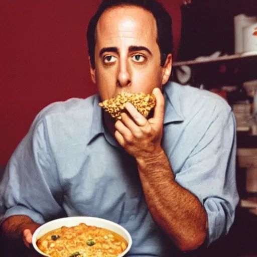 Image similar to Jerry Seinfeld eating a KFC Famous Bowl in a basement at 3AM while listening to Pink Floyd Great gig in the sky