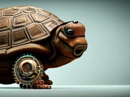 Prompt: a realistic rendering of a steampunk time traveling tortoise teleporting into the future, rendered on octane