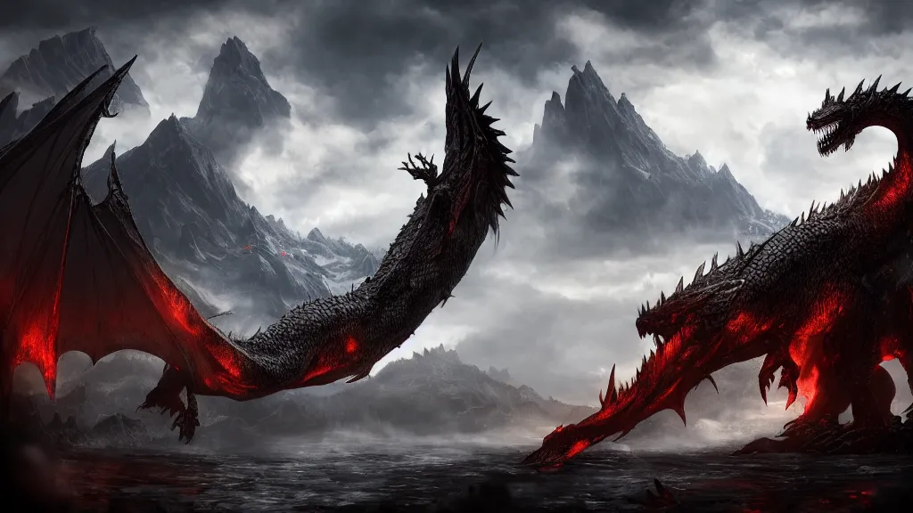 Image similar to Ancalagon the black, the biggest dragon that ever lived, over towering the huge mountains of Thangorodrim, landscape wide shot, epic, cinematic lighting, Unreal Engine 5, film key art, Bloom, dramatic lighting, cg artist