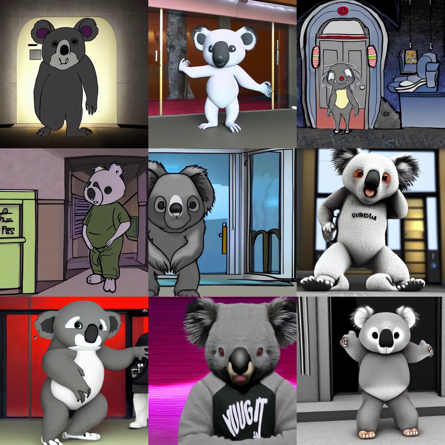 Prompt: cartoon cgi rendering of hiphop koala bouncer standing outside nightclub door at midnight