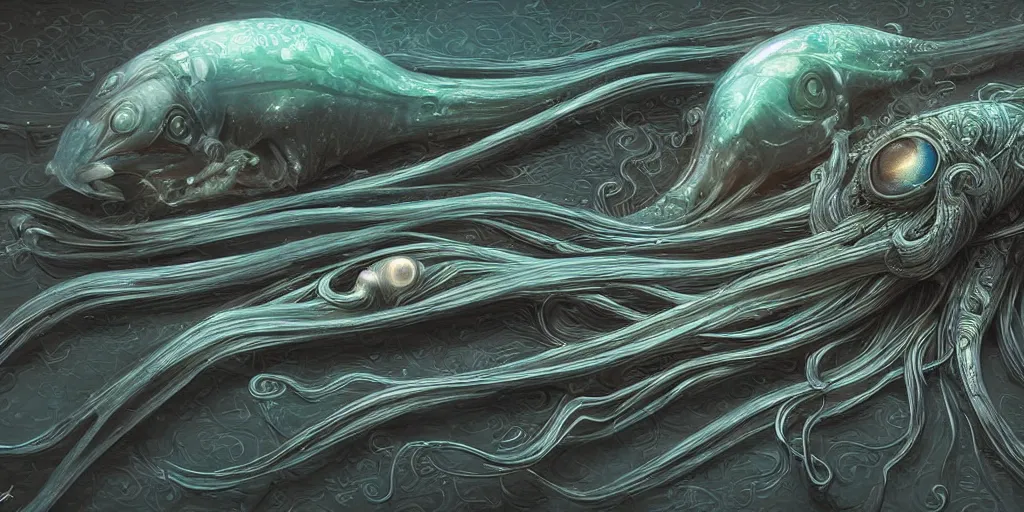 Image similar to squid, stylized layered shapes, long flowing fins, bioluminescent orbs, diffuse lighting, glowing eye, intricate, elegant, highly detailed, lifelike, photorealistic, digital painting, artstation, smooth, sharp focus, art by h r giger