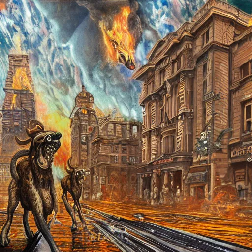 Image similar to giant quadruped creature walking through the center of a city with tall building on fire, extreme detail, abstract realism, highly ornate intricate details, 1 9 2 0's colored pencil, 4 k, cinematic lighting,