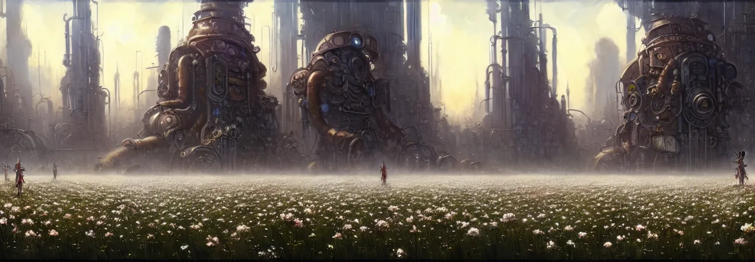 Image similar to steampunk cybercity in a field of white flowers, godrays, cinematic, poster art by james gurney jesper ejsing, ilya kuvshinov, greg rutkowski frank frazzeta on artstation