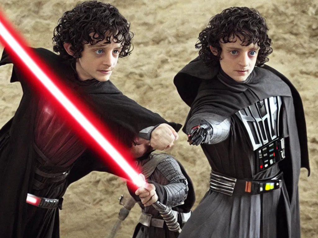 Image similar to Elijah Wood Frodo vs Darth Vader in lightsaber combat