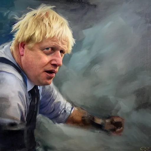 Image similar to close up of boris johnson fighting global warming, cinematographic shot, by daniel f. gerhartz