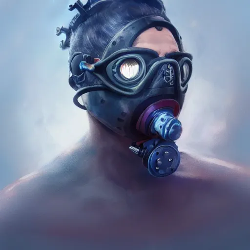 Prompt: a profile photo of a man with diving mask with tattoos on arm and neck, side profile in underwater, highly detailed, digital painting, artstation, concept art, smooth, sharp focus by raymond swanland and jesper ejsing rim light