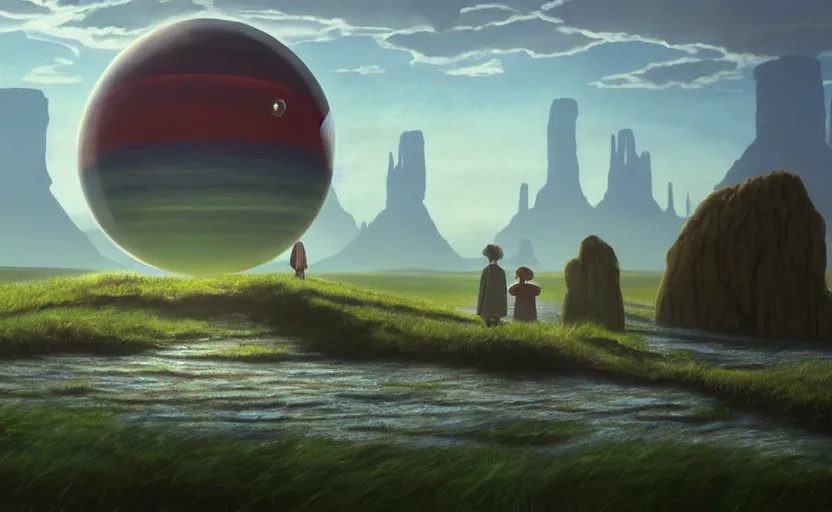 Image similar to a scary hyperrealist painting of a post - apocalyptic world inside a giant transparent dimensional portal ball from howl's moving castle ( 2 0 0 4 ) in a flooded monument valley stonehenge jungle. depth perception, 4 k, artstation, in the style of studio ghibli