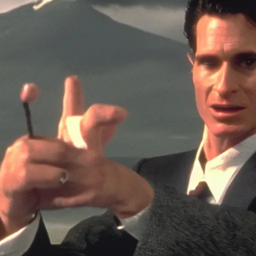 Image similar to film still of patrick bateman holding the one ring at mount doom in the return of the king