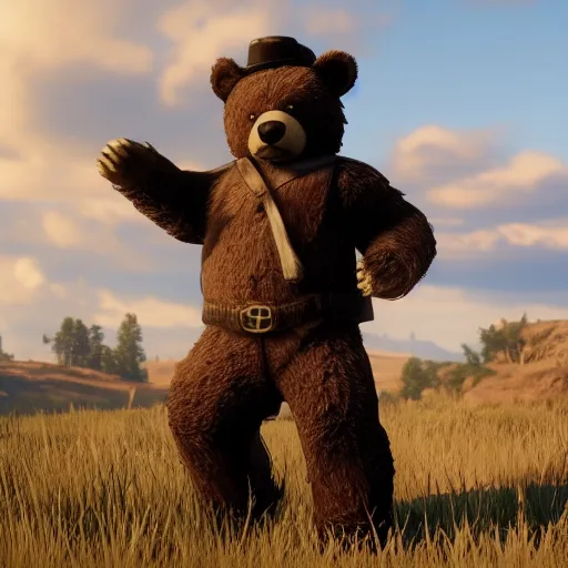 Prompt: Film still of a teddy bear, from Red Dead Redemption 2 (2018 video game)