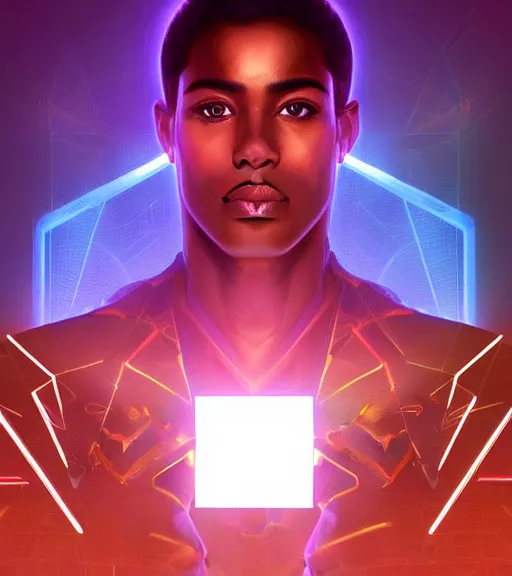 Image similar to symmetry!! egyptian prince of technology, solid cube of light, hard edges, product render retro - futuristic poster scifi, lasers and neon circuits, brown skin man egyptian prince, intricate, elegant, highly detailed, digital painting, artstation, concept art, smooth, sharp focus, illustration, dreamlike, art by artgerm