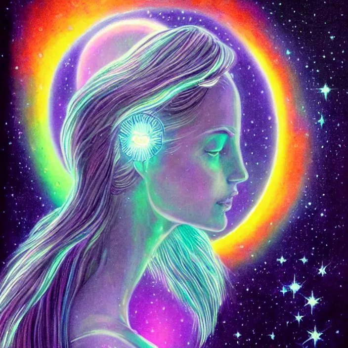 Image similar to the rise of the divine feminine goddess, bioluminescent, aurora in the universe, cosmos, divine power energy, light force, hyper - realistic, highly detailed, mystical, sharp focus, realistic, sci - fi, the awakening of the divine energy