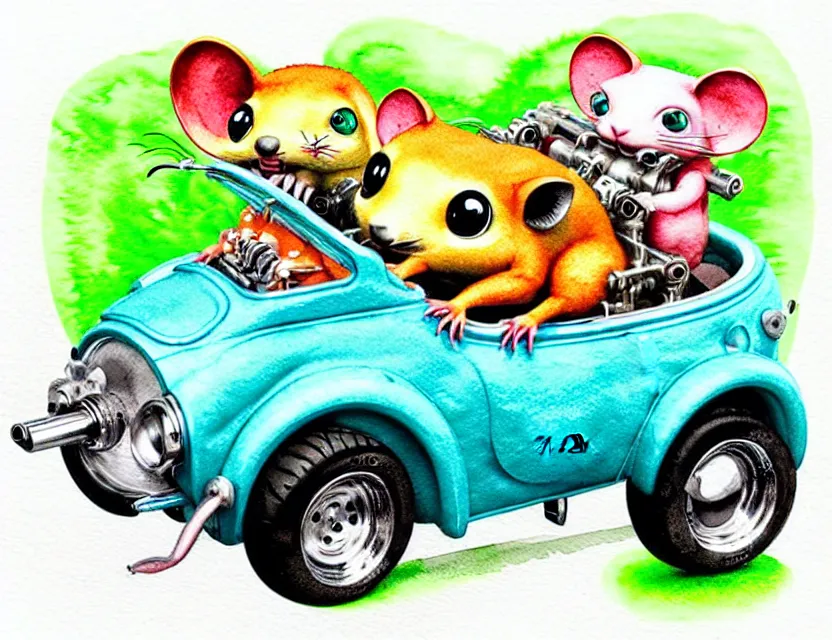 Image similar to cute and funny, quoll riding in a tiny hot rod with oversized engine, ratfink style by ed roth, centered award winning watercolor pen illustration, isometric illustration by chihiro iwasaki, edited by range murata, tiny details by artgerm and watercolor girl, symmetrically isometrically centered